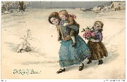 Heureuse Année! (une jeune fille dans la neige porte un petit garçon sur le dos)