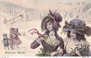 Heureuse Année! (2 jeunes femmes et 3 fillettes dans un paysage de neige)