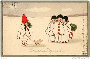 Glückliches Neujahr! (3 enfants en pierrots regardent une petite fille ayant un cochonnet en laisse)