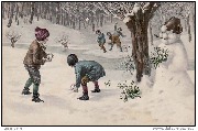 (bataille de boules de neige devant un bonhomme de neige)