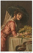 Portrait d'une femme en rose appuyée sur une table