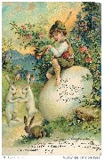 Joyeuses Pâques (2 lapins blancs dansent au son du pipeau d'un enfant assis sur un oeuf)