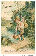 Fröhliche Ostern (sur un pont de bois un enfant avec 2 lapins blancs dans le sac à dos  et un panier d'oeufs)