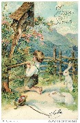 Joyeuses Pâques (enfant priant devant un calvaire, près de lui 2 lapins blancs et un panier d'oeufs)