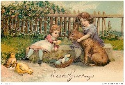 Easter Greetings (2 enfants avec un énorme lapin devant un panier d'oeufs)
