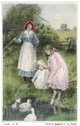 Jeune femme tenant un rateau avec 2 enfants regardant des canards blancs