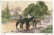 3 enfants mènent boire des chevaux à la rivière