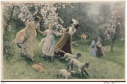 2 femmes et une fillette dévalant une pente derrière 3 agneaux