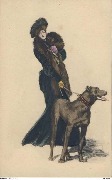 Femme en noir retenant son chien