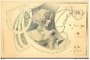 Motif Art Nouveau avec jeune fille de profil tenant une fleur rose