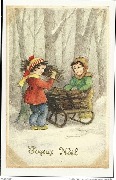 (Deux enfants posant des fagots sur une luge)Joyeux Noël