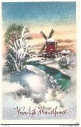Vroolijk Kerstfeest(moulin, rivière ,paysage de neige)