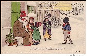 Fröhliche Weinachten! (Le Père Noël assis sur le pas d'une porte donne des jouets à 4 enfants)
