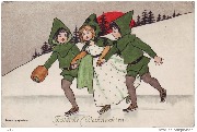 Fröhliche Weihnachten (2 garçons et une fille patinant ensemble sur la glace)