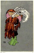 Femme au manteau de renard, avec un grand chapeau orné d'un oiseau blanc