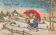 Bonne Année (scène de neige: deux enfants sous un parapluie)