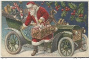 Merry Christmas (père Noël descendant d'une auto remplie de jouets)