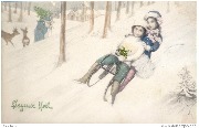 Joyeux Noël !(un garçon et une fille dévalent une pente neigeuse sur une luge)