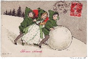 Bonne Année(2 garçons et une fille poussent une énorme boule de neige)