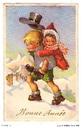 Bonne Année (garçon à chapeau buse portant sa petite soeur? sur le dos)