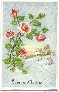 Bonne Année (bouquet de roses à l'avant-plan de paysage de neige)