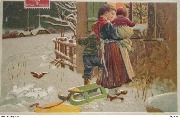 (un garçon et une jeune femme portant un bébé regardent un sapin de Noël à travers une fenêtre)