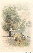 Femme au bord de la rivière regardant un rameur