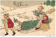 Bonne Année (3 enfants avec un chien transportent un sapin sur un traineau)