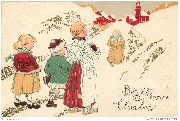 Bonne Année (4 enfants marchent vers un village sur une route enneigée)