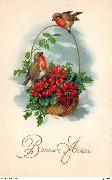 Bonne Année (deux rouges-gorges sur un panier fleuri)