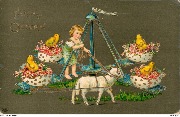 Fröhliche Ostern (enfant sur un manège entrainé par un mouton avec 4 poussins) 