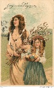 Joyeuses Pâques (Femme avec sa fille portant un panier d'oeufs)