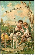 Easter Greetings (2 enfants avec un mouton attelé à une charette fleurie)