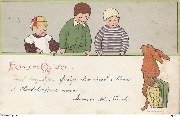 Fröhliche Ostern (3 enfants regardent un lapin montrant un panier rempli d'oeufs multicolores)