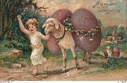 Joyeuses Pâques (un enfant mène un mouton portant 2 énormes oeufs de Pâques)