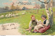 Joyeuses Pâques (2 enfants assis dans un pré caressent un agneau)