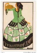 Weinachtskarte (Jeune femme en vert portant un cochonnet sur le bras)