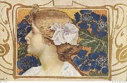Art Nouveau par Geraud. Femme de profil sur fond de fleurs bleues
