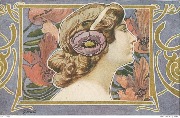 Art Nouveau par Geraud. Femme de profil sur fond de fleurs rouges