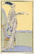 Femme tenant un éventail, appuyée à un fauteuil bleu