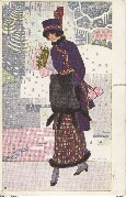 Femme avec un grand manchon en fourrure tenant un bouquet