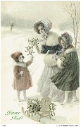 Joyeux Noël ! (Enfant avec un traineau dans la neige, offrant du gui à sa mère)