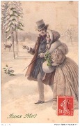 Joyeux Noël ! (Couple dans la forêt enneigée, au loin un chevreuil)