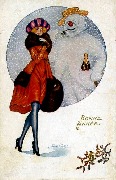 Femme marchand devant un bonhomme de neige avec pipe et champagne