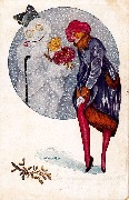 Bonhomme de neige avec canne et pipe offrant des fleurs à femme remontant ses bas