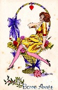Femme en robe jaune petit doigt à la lèvre dans un panier fleuri avec un coeur
