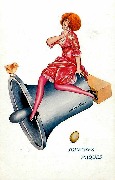 Femme en rose assise sur cloche de Pâques et un oeuf tombant