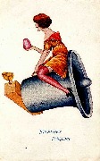 Femme en orange à cheval sur cloche de Pâques et un oeuf en main