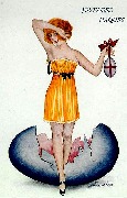 Joyeuse Paques. Femme en nuisette orange tenant un oeuf et bras sur les cheveux