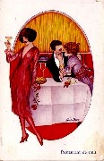 Restaurant de nuit (femme tenant verre de champagne et couple attablé)